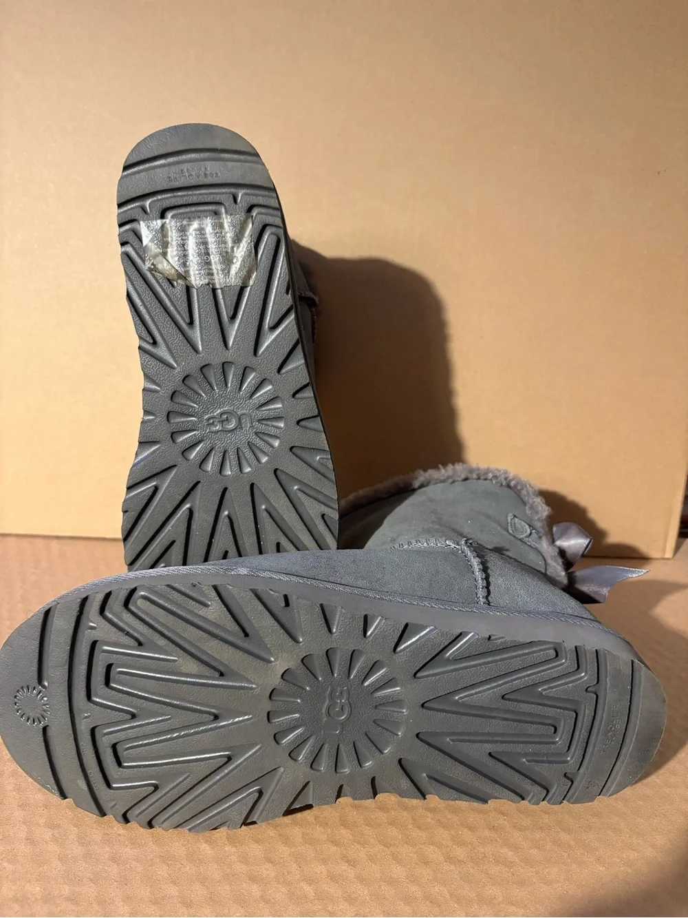 UGG Women Gray Suede Sheepskin Boots with Back Bow